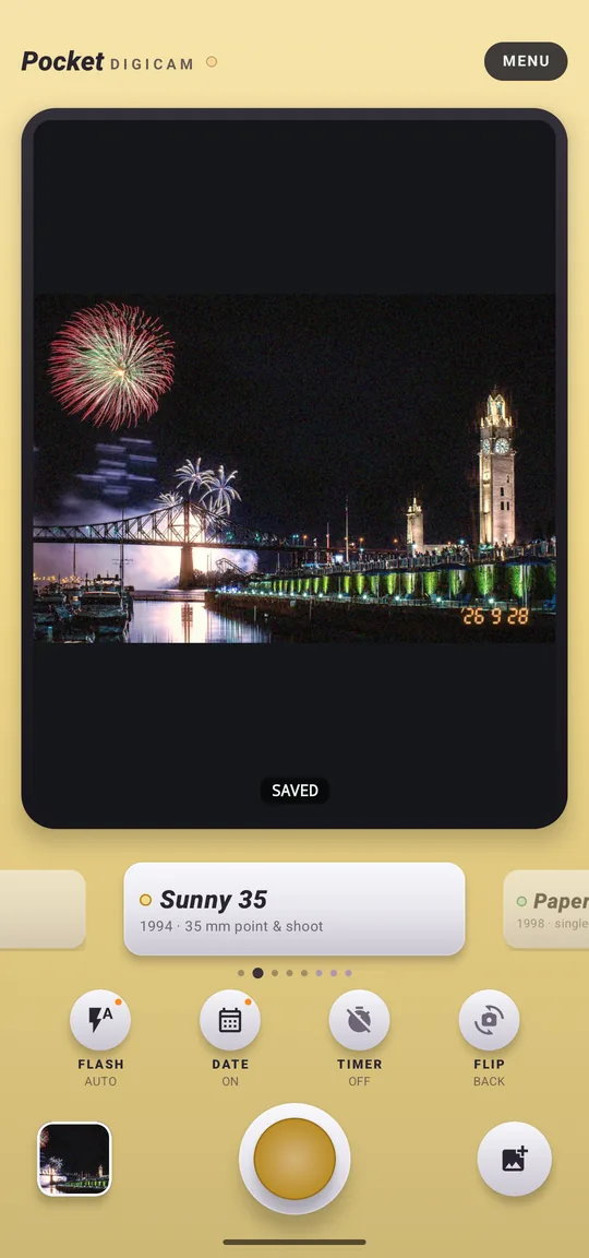 Pocket Digicam on Android: the Sunny 35 camera with Clock Tower and fireworks, Montreal developed on its LCD