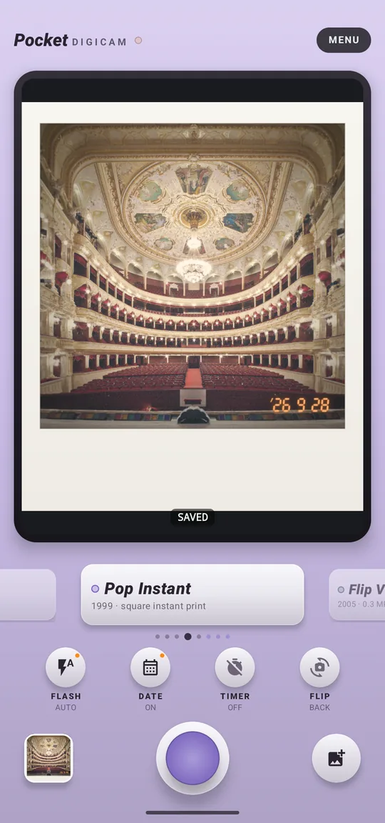 Pocket Digicam on Android: the Pop Instant camera with The hall of the Odesa Opera and Ballet Theatre developed on its LCD
