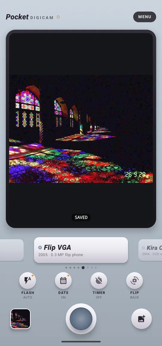 Pocket Digicam on Android: the Flip VGA camera with Nasir al-Mulk Mosque, Shiraz developed on its LCD