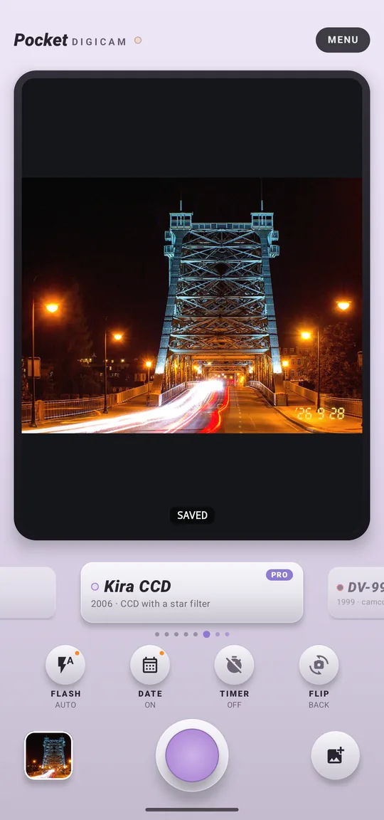 Pocket Digicam on Android: the Kira CCD camera with The Blue Wonder bridge at night, Dresden developed on its LCD