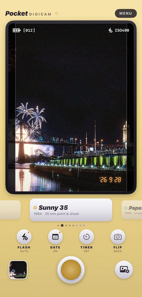 Pocket Digicam on iPhone: the Sunny 35 camera with Clock Tower and fireworks, Montreal developed on its LCD