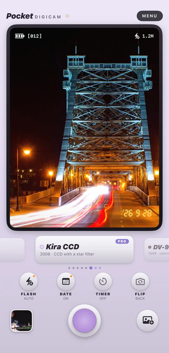 Pocket Digicam on iPhone: the Kira CCD camera with The Blue Wonder bridge at night, Dresden developed on its LCD