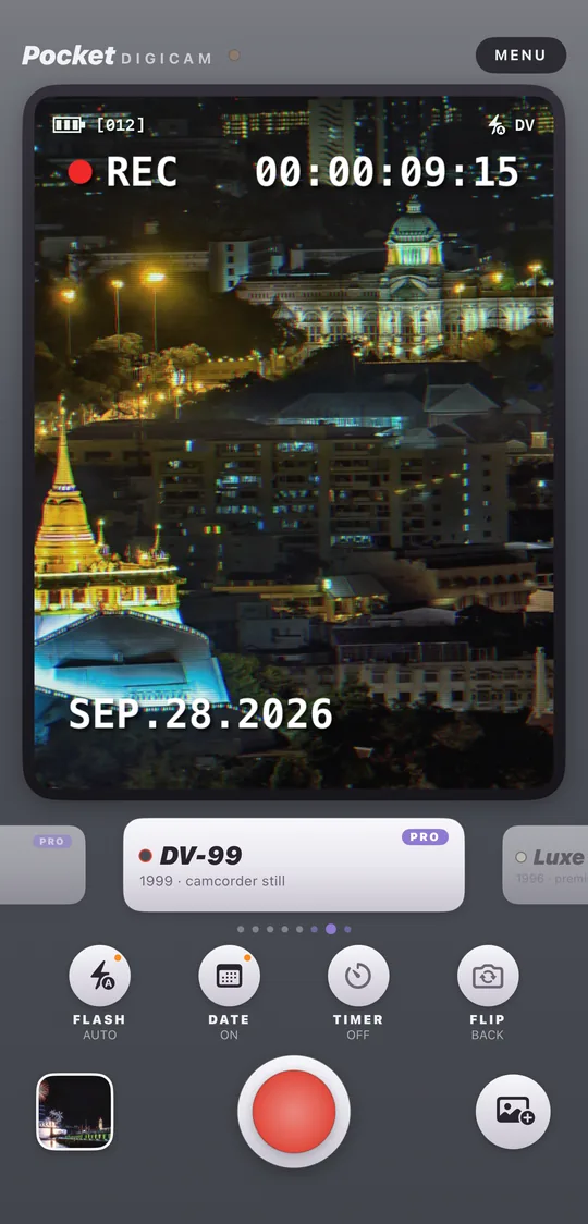 Pocket Digicam on iPhone: the DV-99 camera with Wat Saket at night, Bangkok developed on its LCD